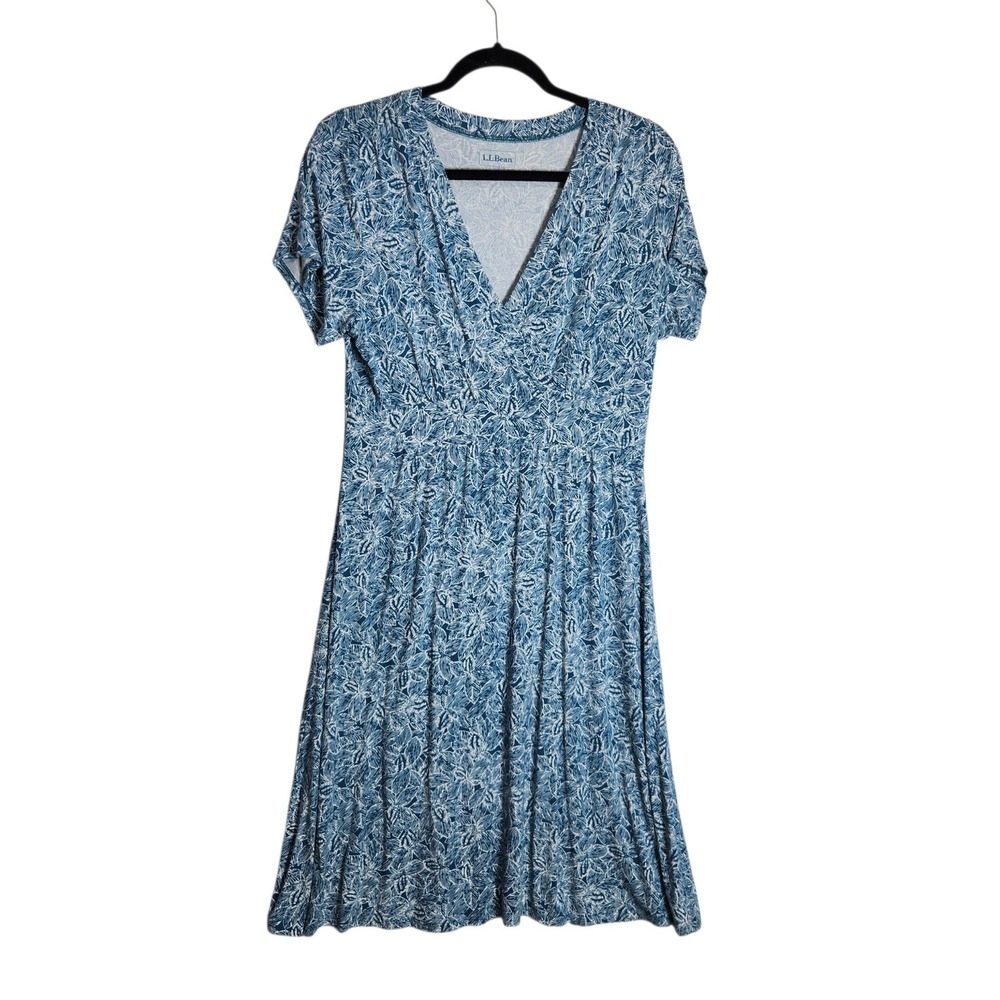 LL Bean Blue Floral Leaf Surplice V-Neck Jersey Knit Dress M PET